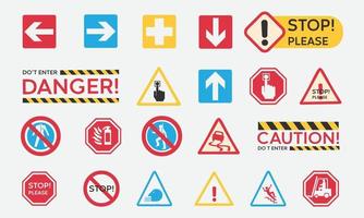 Tableros de atención símbolos de admisión para detener la mano, detener el tráfico restringido y vector peligroso