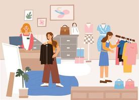Clothing store customers are choosing clothes and a staff is standing at the counter. flat design style vector illustration.