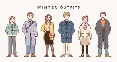 colección de personajes de moda de invierno. Ilustración de vector de estilo de diseño plano.