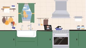 Kitchen interior background with sink and oven hood. flat design style vector illustration.