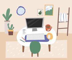 espacio de trabajo con computadoras y suministros de oficina en la mesa y plantas alrededor del escritorio. Ilustración de vector de estilo de diseño plano.