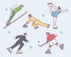 Juegos olímpicos de invierno y deportistas deportivos. Ilustración de vector de estilo de diseño plano.