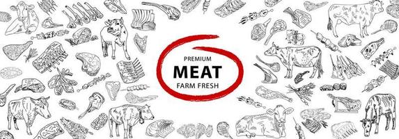 Fresh meat products collection. Sketch vector illustration.