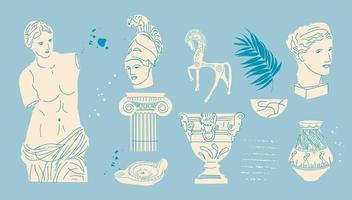 Ancient, Greek element set. Various Antique statues. Heads of woman, knight, amphora. Mythical, ancient greek style. Classic Antique items in modern style. All elements are isolated. vector