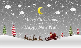 Vector Illustration. Holiday deer, Merry Christmas and Happy new year  typographical on background with winter landscape with snowflakes,  light, moon, clouds, stars. Xmas card.