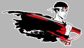 Samurai holds a katana on his shoulder. Anime style illustration. vector