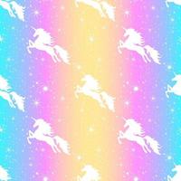 Unicorn and stars seamless pattern. Silhouette of a flying unicorn on the starry sky. Silhouette white on a rainbow background.