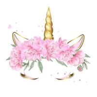 Face of a unicorn with closed eyes in a wreath of pink flowers with sparkles. vector