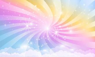 Fondo de cielo de arco iris mágico rosa con estrellas y rayos de luz en espiral.