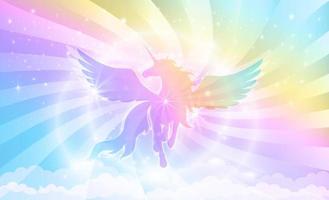 Silhouette of a unicorn with wings on a background of a rainbow sky with stars and rays of light. vector