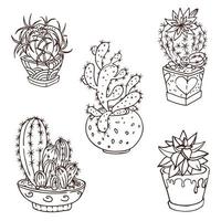 Set of cacti in decorated pots. vector