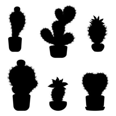 Set of silhouettes of cacti in pots.