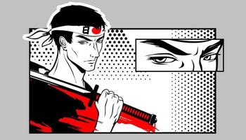 Warrior, a samurai holds a katana on his shoulder. Martial art. Manga style illustration. vector