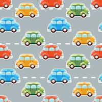Cute pattern from multicolored cartoon cars that drive along the road. vector