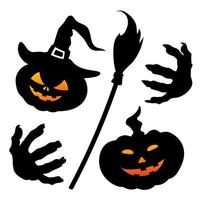 Set of silhouettes of pumpkins, witch's broom and hands with claws.