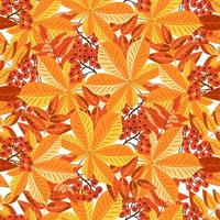 Autumn seamless pattern of red rowan berries and yellow chestnut leaves. vector