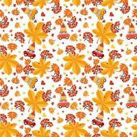Seamless pattern with red rowan berries, hearts, cars, baskets with berries and autumn leaves. vector