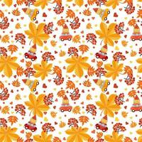 Seamless pattern with red rowan berries, hearts, cars, baskets with berries and autumn leaves. vector