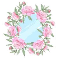 Frame of pink blooming peonies with buds and leaves. vector