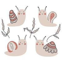 Hand drawn collection of happy snails. vector