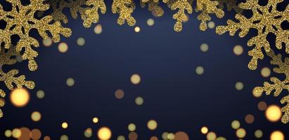 pancartas con copos de nieve dorados de brillo brillante y fondo bokeh. decoración navideña. saludos feliz año nuevo.