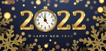 banner de navidad con reloj, copos de nieve y números 2022. brillo dorado y bokeh brillante. vector