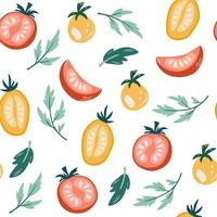 Tomatoes seamless pattern. Cooking ingredient in modern sketch hand drawn style. Colorful background of vegetable, good for fabric textile print or wrapping paper. Vector illustration.