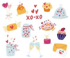 Conjunto de elementos del día de San Valentín. champán, corazones, caramelos, dulces, tartas, frascos e inscripción. perfecto para regalo de San Valentín, tela, tarjetas de felicitación, invitación. ilustración de dibujos animados de vector. vector