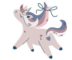 lindo unicornio. hermosa melena con un lazo. personaje de dibujos animados de hadas animal femenino. perfecto para invitaciones, libros infantiles, moda, banner. ilustración vectorial. vector