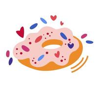 Donut with pink icing. Sweet dessert for Valentines day. For the design of recipes, menus, culinary blogs, stationery. Vector cartoon illustration. Isolate on a white background.