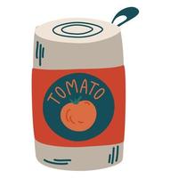 Can of tomato sauce. Healthy vegetarian food. For the design of recipes, menus, culinary blogs, stationery. Vector cartoon illustration. Isolate on a white background.