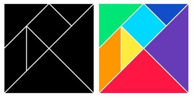 Tangram negro y colorido juego de cerebro cuadrado base con piezas de ilustración de vector de diseño de estilo plano aislado sobre fondo blanco.