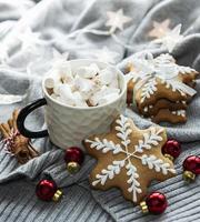 Christmas decorations,  cocoa and gingerbread cookies. photo