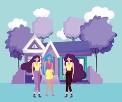 group women characters house and trees scenery design vector