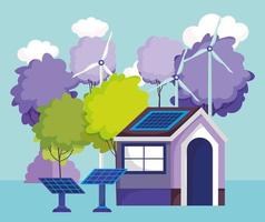 house solar panels turbine wind trees nature energy eco vector