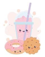 Cute cookie donut y batido kawaii personaje de dibujos animados vector