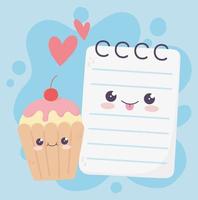cute notepad and cupcake love hearts kawaii cartoon character vector