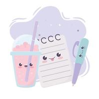 cute notepad pen and milkshake kawaii cartoon character vector