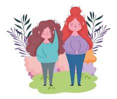 happy mothers day, woman and daughter outdoor foliage cartoon vector