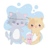 cute crazy gray cat and kitty with milkshake kawaii cartoon character vector
