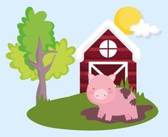 animales de granja cerdo en barro granero árbol hierba dibujos animados vector