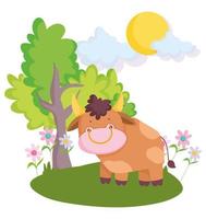 farm animals bull in the grass with flowers tree cartoon vector