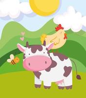 farm animals cow hen and flying bees cartoon vector