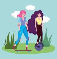 Transporte ecológico, mujeres jóvenes en monociclo y patineta al aire libre. vector