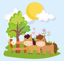 animales de granja pareja caballos flores valla y árbol vector