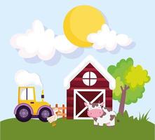 farm animals barn tractor cow and goose grass cartoon vector