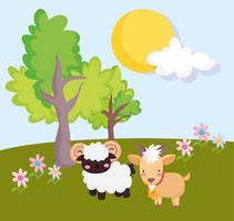 farm animals goat ram flowers trees in the field cartoon vector