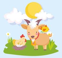 animales de granja ram gallina y pollo hierba día soleado dibujos animados vector