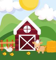 animales de granja ram gallo y pollos cerca del granero heno dibujos animados vector
