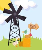 farm animals duck in hay and goose windmill grass cartoon vector